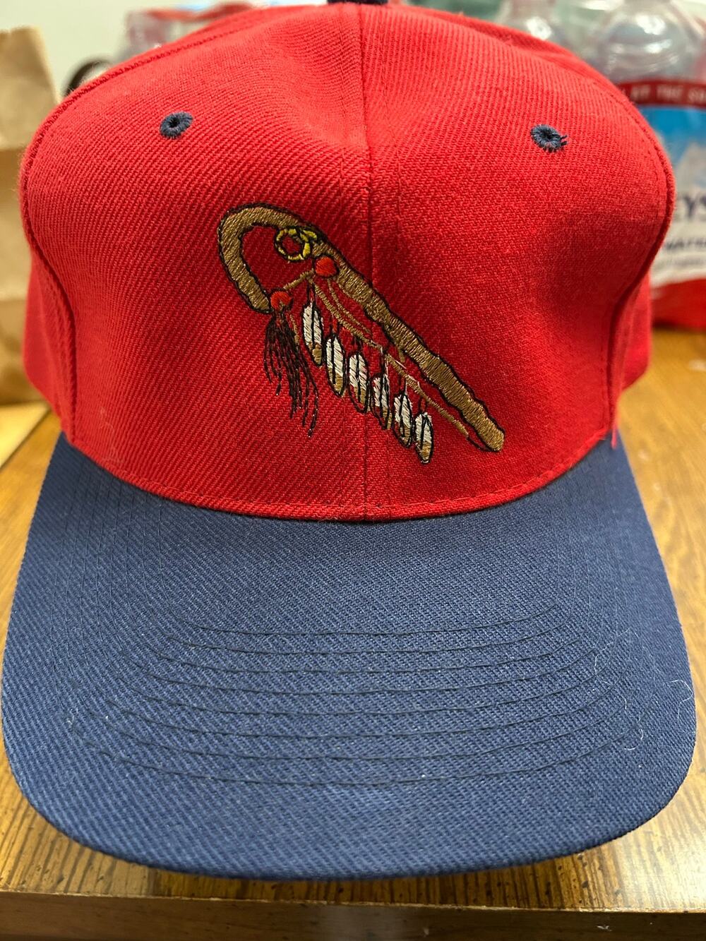 Vintage H.Kap Sam Jung Snapback Hat Red Navy Feather Staff Embroidered Korea